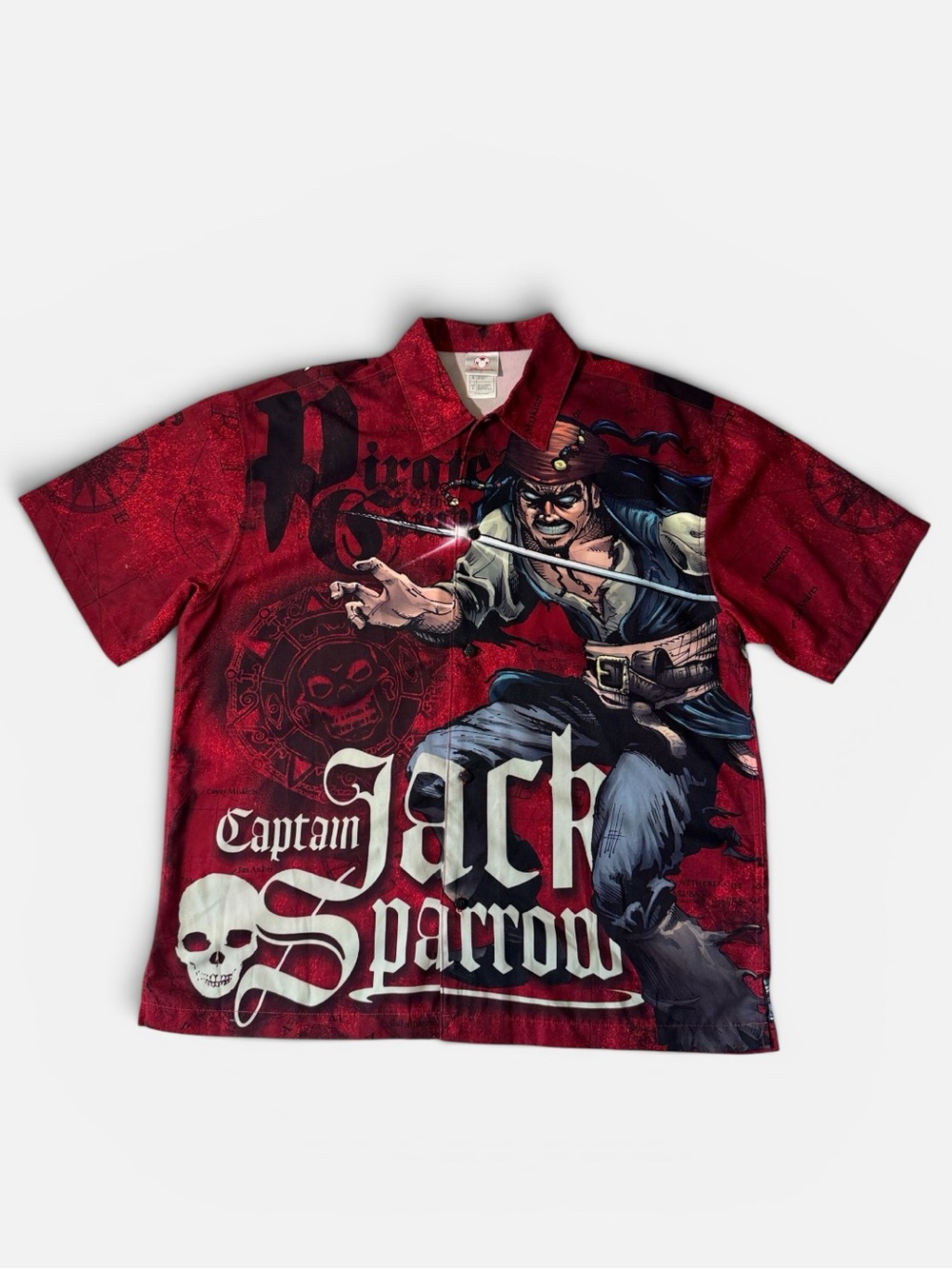 Disney mens L Large red Captain Jack Sparrow pirates Caribbean vintage shirt EUC